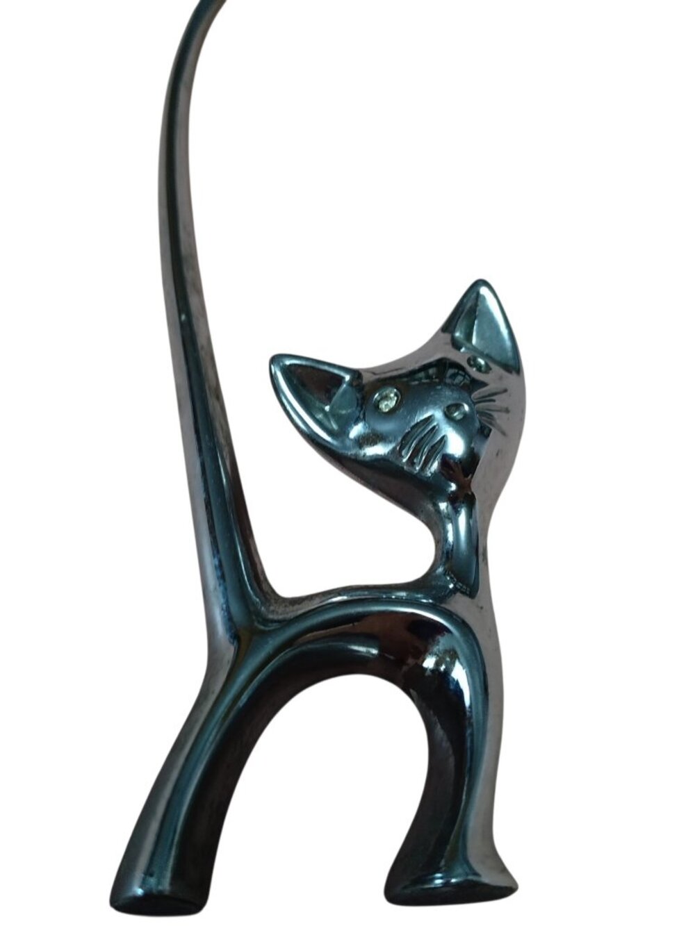 Vintage Chrome Mid-Century Modern MCM Long Tail Cat Ring Holder Figure 5.75 Inch